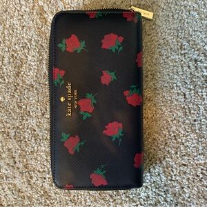 Kate Spade Black Floral Rose Wallet Saffiano Crosshatch